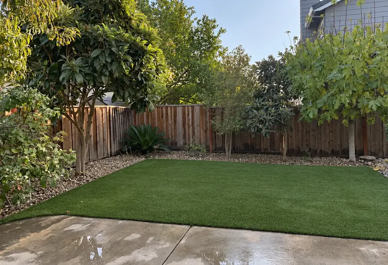 Artificial turf lawn beside a wet patio, wooden fence and trees
