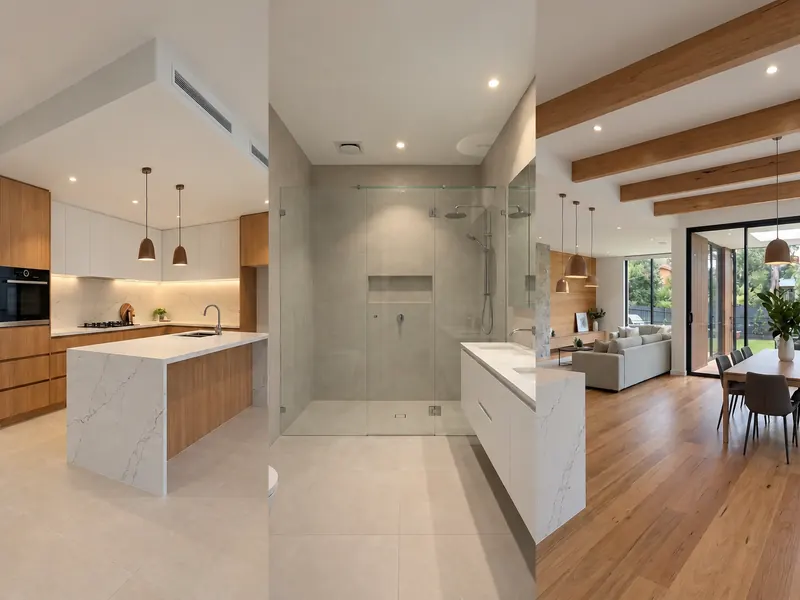 Kitchen, bathroom and living room remodeling shown in three side-by-side views