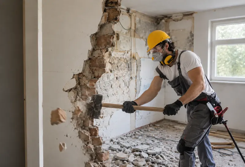 Worker wearing protective equipment during interior wall demolition