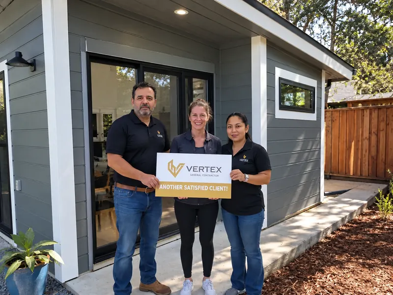 Three people holding a Vertex sign outside a backyard ADU