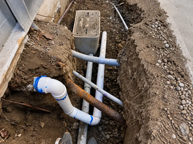 Utility pipes and a service box inside an open trench